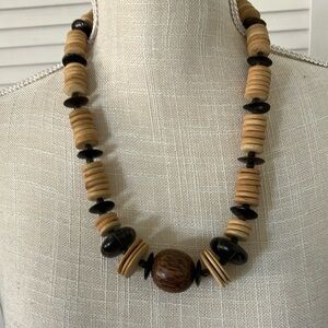 80’s Vintage Necklace wood disk and and rounds, 3 different woods and shades‎